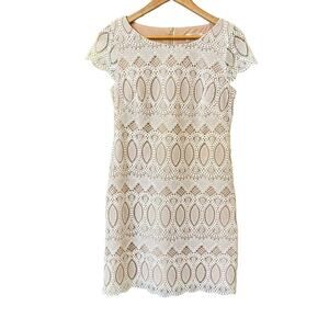 Eliza J Crochet Lace Sheath Cocktail Dress Nude Ivory Women's 4 Bridal Rehearsal